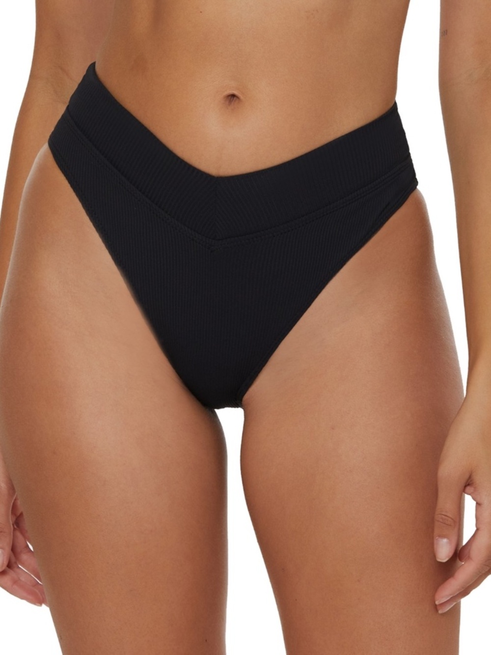 Becca Women's Modern Edge Textured Rib High-Waist Bikini Bottoms - Black